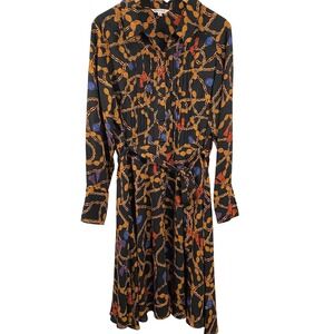 Nanette Leopore Womens Chain Print Long Sleeve Midi Dress sz 14 Blue Old Money